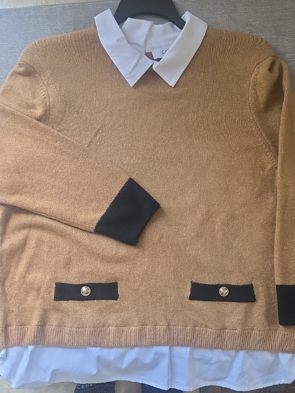 CeCe Camel Pullover Sweater with Black Trim and White Collar